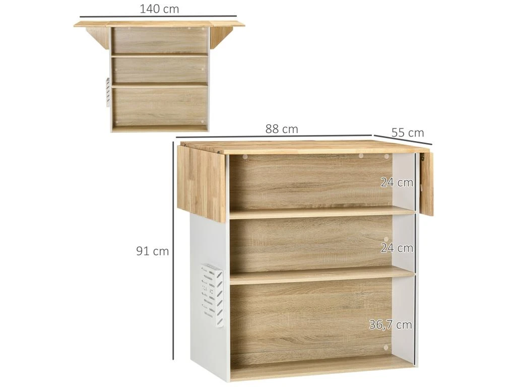 Ilot Central De Cuisine Avec Rangements Plan De Travail Rabattable 2 étagères 140L X 55l X 91H Cm Blanc Et Aspect Chêne Clair 5 Ilot Central De Cuisine Avec Rangements Plan De Travail Rabattable 2 étagères 140L X 55l X 91H Cm Blanc Et Aspect Chêne Clair – Image 3