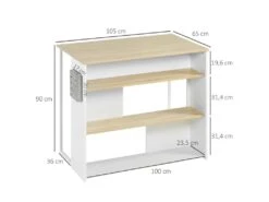 Ilot De Cuisine Table De Bar - 3 étagères, Porte-couteaux Acier Inox. - Blanc Aspect Chêne Clair -Meubles Soldes Boutique meuble de cuisine 19046385