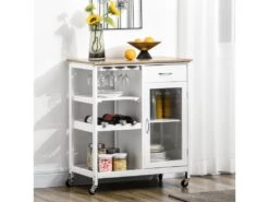 Desserte De Cuisine Multi-rangement - Porte Acrylique Poignées Métal MDF Blanc Aspect Bambou