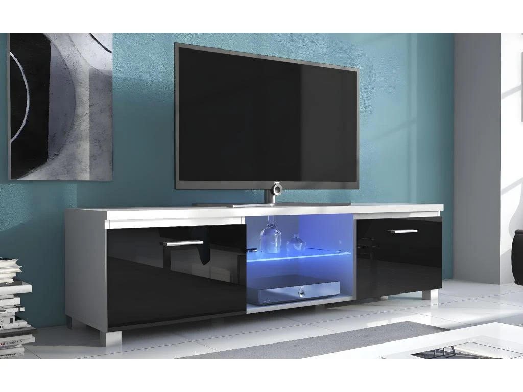 Meuble TV LED, Sejour, Blanc Mate Et Noir Laque, Dim 150 X 40 X 42cm 4 Meuble TV LED, Sejour, Blanc Mate Et Noir Laque, Dim 150 X 40 X 42cm – Image 2