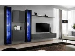 Ensemble Meuble Salon Mural SWITCH XVI Design, Coloris Gris Et Noir Brillant.