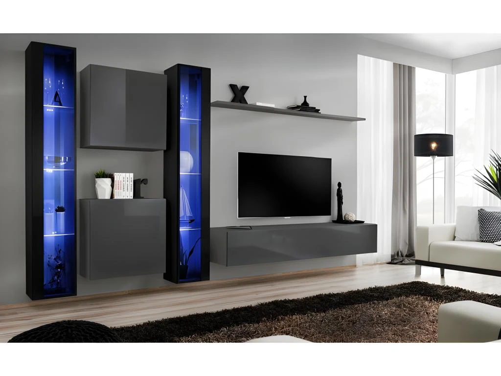 Ensemble Meuble Salon Mural SWITCH XVI Design, Coloris Gris Et Noir Brillant. 3 Ensemble Meuble Salon Mural SWITCH XVI Design, Coloris Gris Et Noir Brillant.