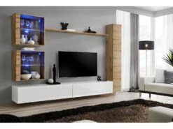 Ensemble Meuble Salon Mural SWITCH XVIII Design, Coloris Blanc Brillant Et Chêne Wotan.