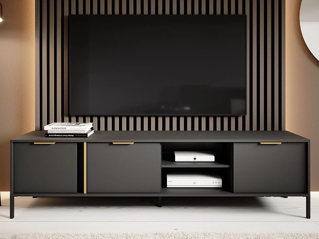 Meuble TV Avec 3 Portes Et 2 Niches - Anthracite Et Doré - PAVELI 4 Meuble TV Avec 3 Portes Et 2 Niches - Anthracite Et Doré - PAVELI – Image 2