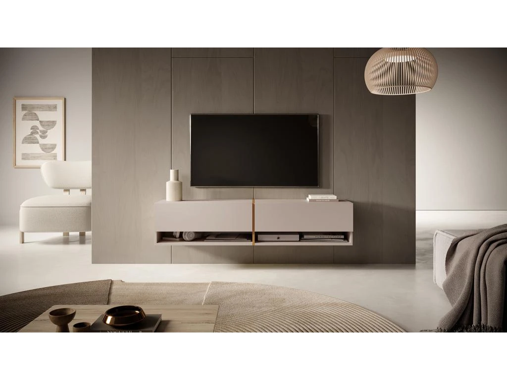 Meuble Tv 140 Cm - Couleur Gris-beige Avec Insert Doré - MIRRGO 3 Meuble Tv 140 Cm - Couleur Gris-beige Avec Insert Doré - MIRRGO