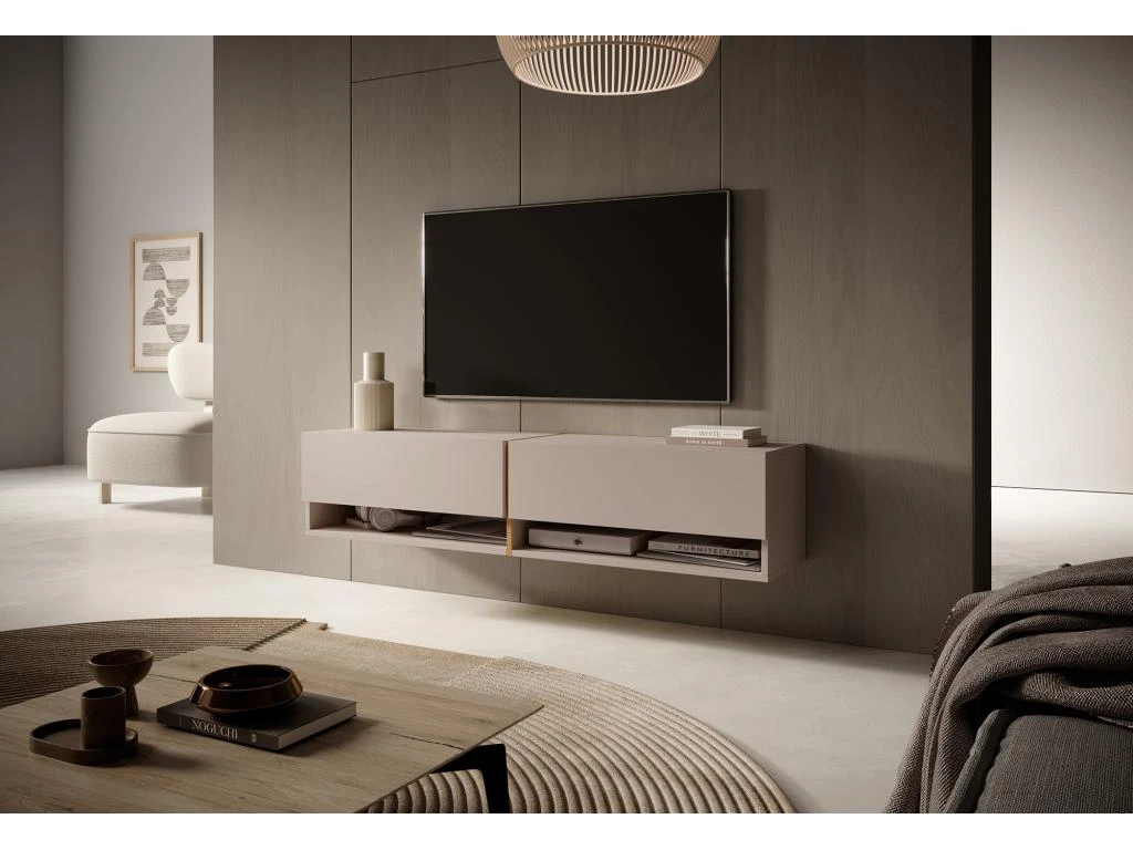 Meuble Tv 140 Cm - Couleur Gris-beige Avec Insert Doré - MIRRGO 4 Meuble Tv 140 Cm - Couleur Gris-beige Avec Insert Doré - MIRRGO – Image 2