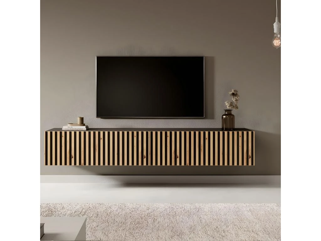 Meuble TV 175 Cm - Noir Avec Façade Artisanale Chêne Fraisé - TELIRE 3 Meuble TV 175 Cm - Noir Avec Façade Artisanale Chêne Fraisé - TELIRE