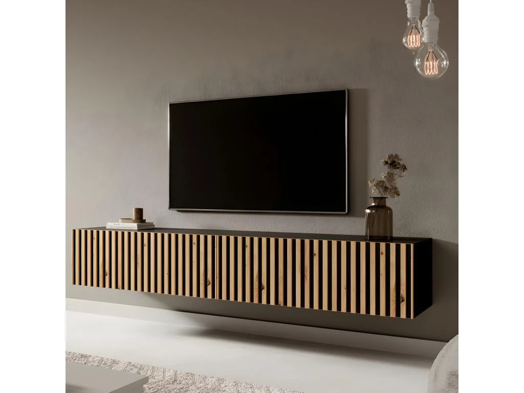 Meuble TV 175 Cm - Noir Avec Façade Artisanale Chêne Fraisé - TELIRE 4 Meuble TV 175 Cm - Noir Avec Façade Artisanale Chêne Fraisé - TELIRE – Image 2