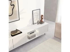 Meuble Tv Led 175 Cm Blanc, Façades à Lamelles Et Pieds Noirs - Selsey Bello -Meubles Soldes Boutique meuble tv 13903041