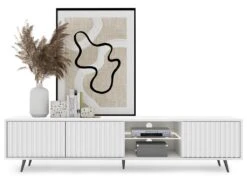 Meuble Tv Led 175 Cm Blanc, Façades à Lamelles Et Pieds Noirs - Selsey Bello -Meubles Soldes Boutique meuble tv 13903045