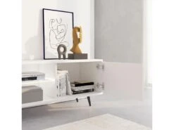 Meuble Tv Led 175 Cm Blanc, Façades à Lamelles Et Pieds Noirs - Selsey Bello -Meubles Soldes Boutique meuble tv 13903047