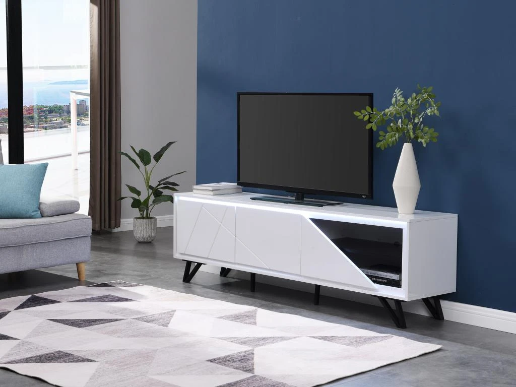 Meuble TV 3 Portes Avec LEDs En MDF - Blanc Laqué - SALIANO 3 Meuble TV 3 Portes Avec LEDs En MDF - Blanc Laqué - SALIANO