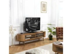 YSEULT - Meuble TV Arrondi Couleur Naturelle Bois Peuplier 2 Portes Coulissantes En Verre -Meubles Soldes Boutique meuble tv 14651091