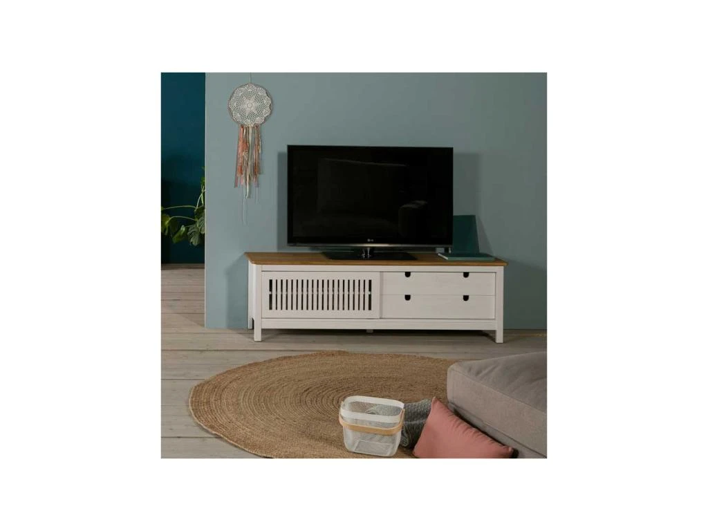 Meuble TV 1 Porte Coulissante 2 Tiroirs Bois/Blanc - BRANU 4 Meuble TV 1 Porte Coulissante 2 Tiroirs Bois/Blanc - BRANU – Image 2