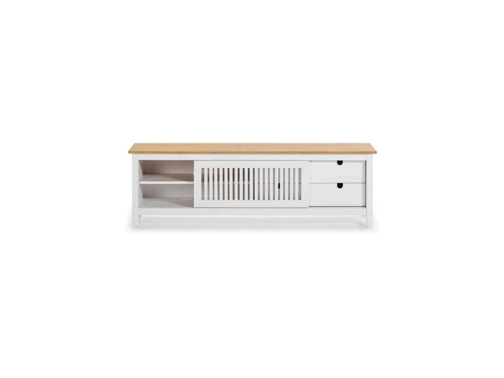 Meuble TV 1 Porte Coulissante 2 Tiroirs Bois/Blanc - BRANU 6 Meuble TV 1 Porte Coulissante 2 Tiroirs Bois/Blanc - BRANU – Image 4