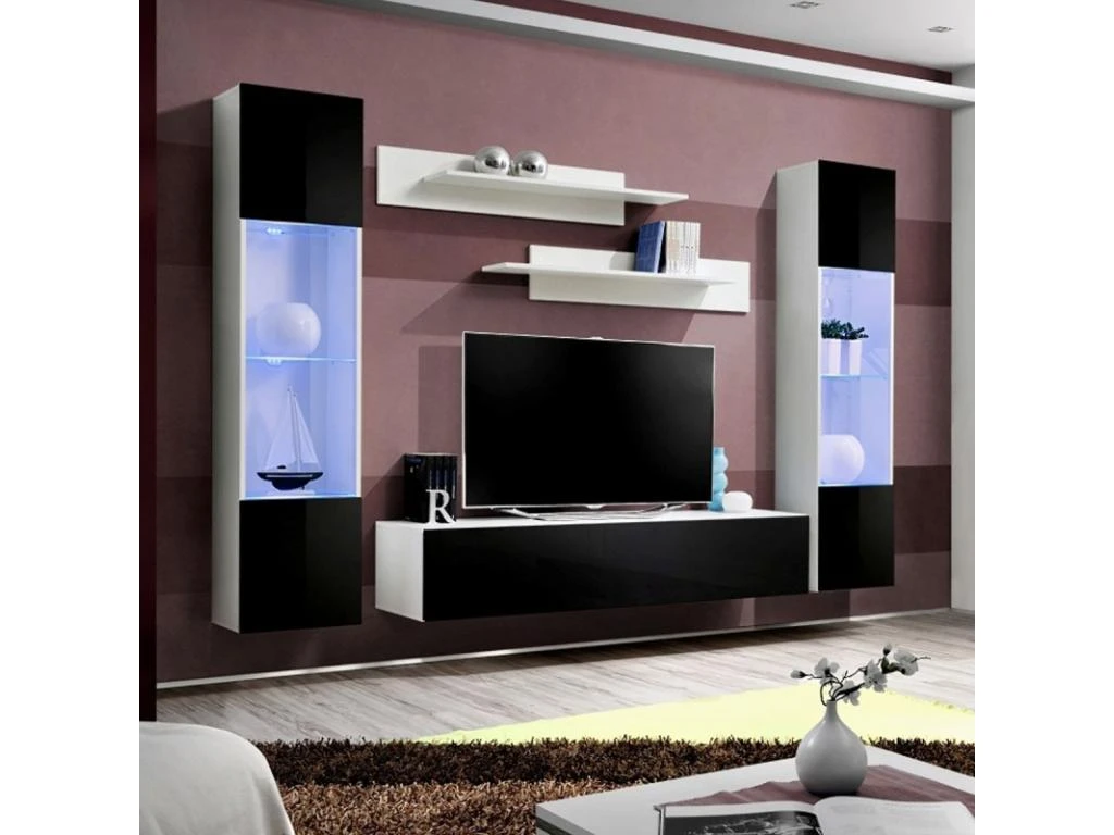 Meuble TV Mural Design "Fly III" 260cm Noir & Blanc 3 Meuble TV Mural Design "Fly III" 260cm Noir & Blanc