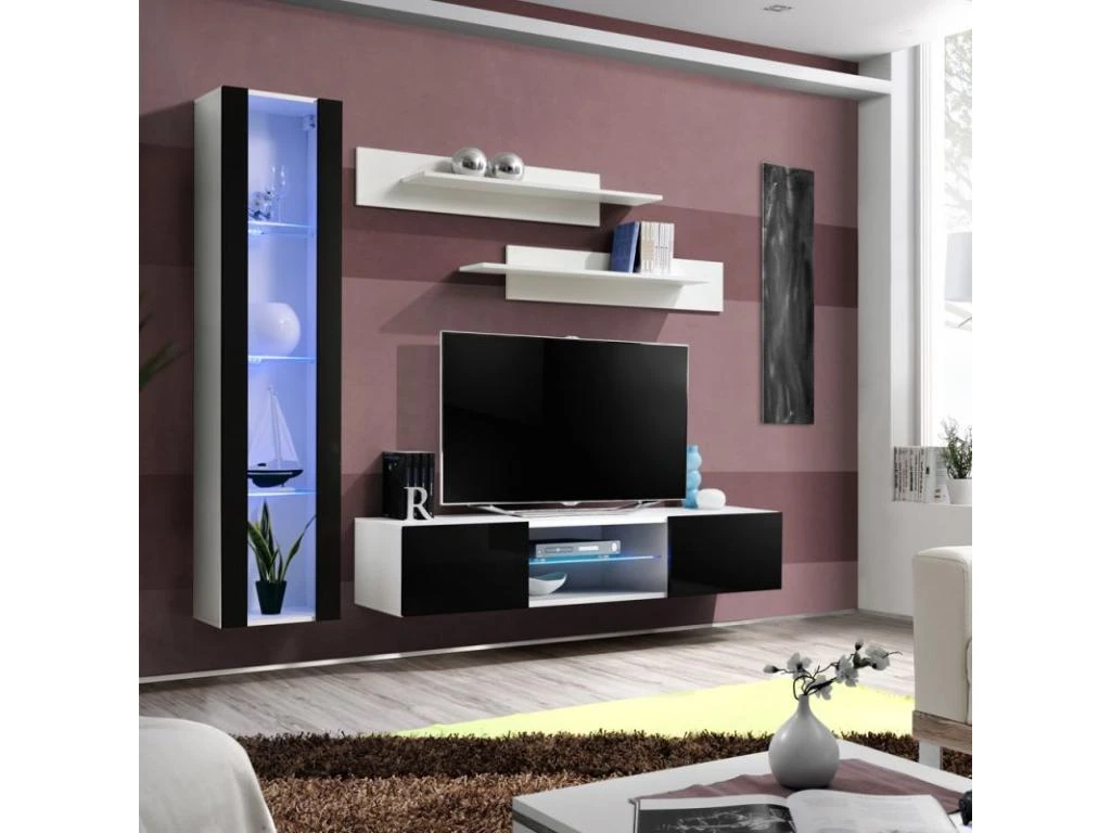 Meuble TV Mural Design "Fly XIX" 210cm Noir & Blanc 4 Meuble TV Mural Design "Fly XIX" 210cm Noir & Blanc – Image 2