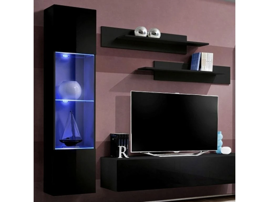 Meuble TV Mural Design "Fly III" 260cm Noir 4 Meuble TV Mural Design "Fly III" 260cm Noir – Image 2