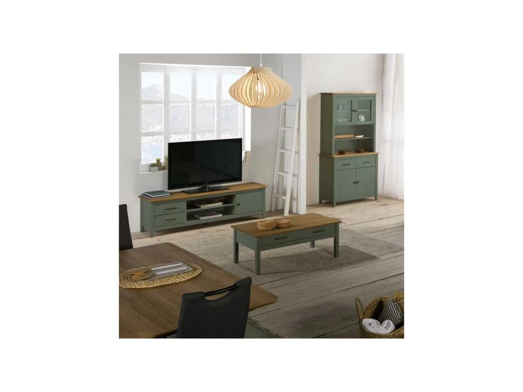Meuble TV 1 Porte 2 Tiroirs Bois/Vert - DARANMI 6 Meuble TV 1 Porte 2 Tiroirs Bois/Vert - DARANMI â Image 4