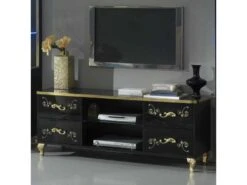 Meuble TV 4 Tiroirs Laque Noir Brillant / Or - SEBORGA - L 160 X L 48 X H 61 Cm