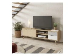 Meuble TV 2 Portes 2 Niches 2 Tiroirs Bois/Blanc/Gris - FAEL