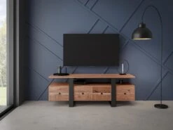 Meuble TV Avec 4 Tiroirs Et 1 étagère En Bois D'acacia Et Métal - Naturel Clair Et Noir - ADIXIA