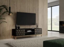 Meuble TV Avec 2 Portes Et 1 étagère En Bois De Manguier Et Métal - Noir Et Doré - ANALIMY