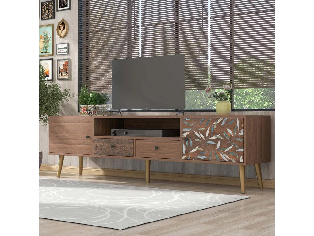 Meuble TV 180cm Avec 2 Compartiments Et 2 Tiroirs En Bois - Style Campagnard - Marron 3 Meuble TV 180cm Avec 2 Compartiments Et 2 Tiroirs En Bois - Style Campagnard - Marron