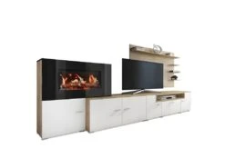 Meuble Salon+cheminee Electrique,5 Niv.de Flamme,Blanc Mat/chene Clair Brosse,290x170x45
