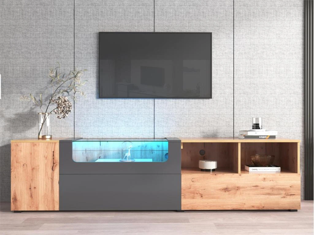 Meuble TV 190 Cm - Avec LED Et Espace D'exposition En Verre - Style Campagnard - Gris & Naturel 3 Meuble TV 190 Cm - Avec LED Et Espace D'exposition En Verre - Style Campagnard - Gris & Naturel