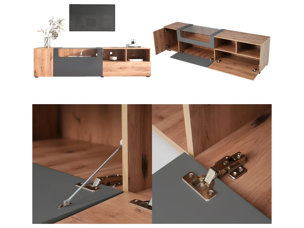 Meuble TV 190 Cm - Avec LED Et Espace D'exposition En Verre - Style Campagnard - Gris & Naturel 6 Meuble TV 190 Cm - Avec LED Et Espace D'exposition En Verre - Style Campagnard - Gris & Naturel – Image 4