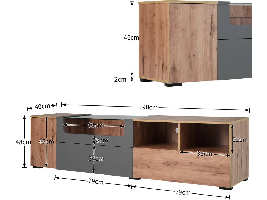 Meuble TV 190 Cm - Avec LED Et Espace D'exposition En Verre - Style Campagnard - Gris & Naturel 7 Meuble TV 190 Cm - Avec LED Et Espace D'exposition En Verre - Style Campagnard - Gris & Naturel – Image 5