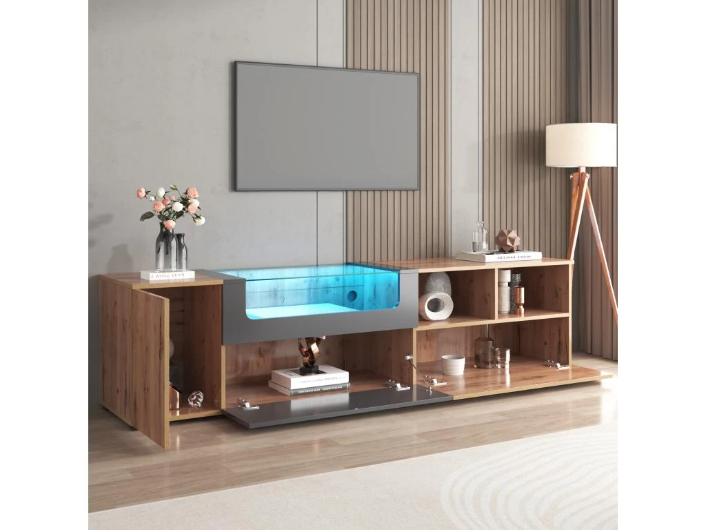 Meuble TV 190 Cm - Avec LED Et Espace D'exposition En Verre - Style Campagnard - Gris & Naturel 10 Meuble TV 190 Cm - Avec LED Et Espace D'exposition En Verre - Style Campagnard - Gris & Naturel – Image 8