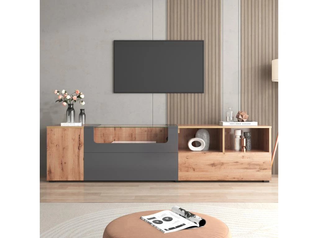 Meuble TV 190 Cm - Avec LED Et Espace D'exposition En Verre - Style Campagnard - Gris & Naturel 11 Meuble TV 190 Cm - Avec LED Et Espace D'exposition En Verre - Style Campagnard - Gris & Naturel – Image 9