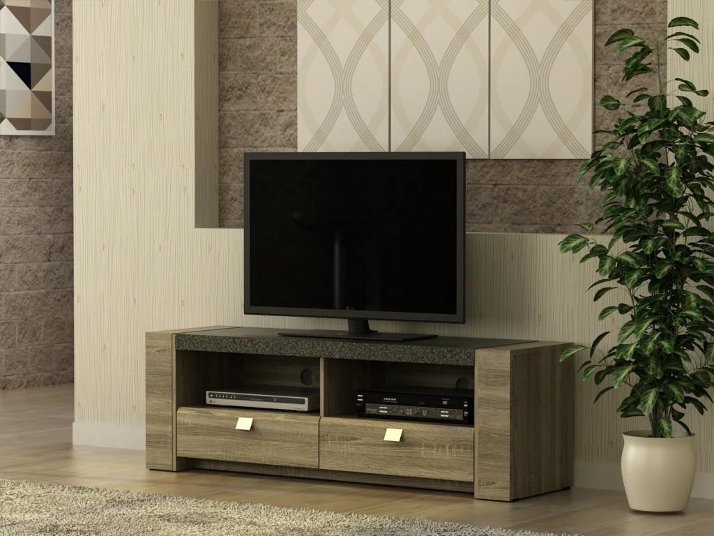 Meuble TV METEORITE - 2 Niches & 2 Tiroirs - MDF Plateau Effet Granite 9 Meuble TV METEORITE - 2 Niches & 2 Tiroirs - MDF Plateau Effet Granite – Image 7