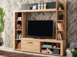 Mur TV BALTIMORE - Avec Rangements - Coloris : Chêne & Anthracite