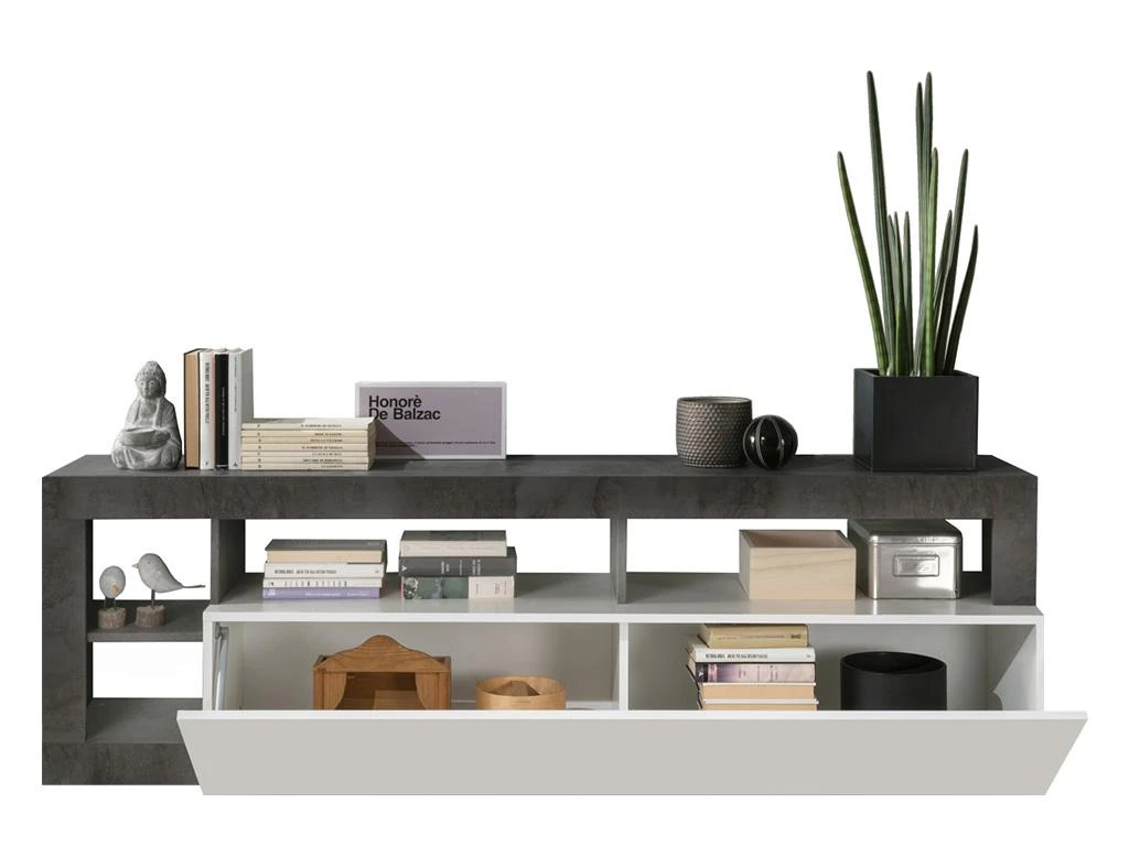 Meuble TV SEFRO - 1 Porte Et 4 Niches - Blanc Laqué Et Béton 6 Meuble TV SEFRO - 1 Porte Et 4 Niches - Blanc Laqué Et Béton – Image 4