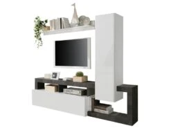 Mur TV Avec 2 Portes - Blanc Laqué Et Béton - SEFRO -Meubles Soldes Boutique meuble tv 437251