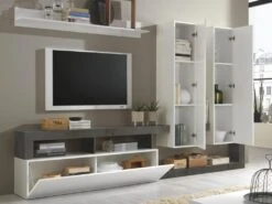 Mur TV Avec 3 Portes - Coloris : Blanc Laqué Et Béton - SEFRO -Meubles Soldes Boutique meuble tv 5626395