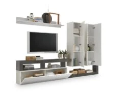 Mur TV Avec 3 Portes - Coloris : Blanc Laqué Et Béton - SEFRO -Meubles Soldes Boutique meuble tv 5626401