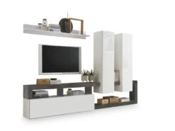 Mur TV Avec 3 Portes - Coloris : Blanc Laqué Et Béton - SEFRO -Meubles Soldes Boutique meuble tv 5626403