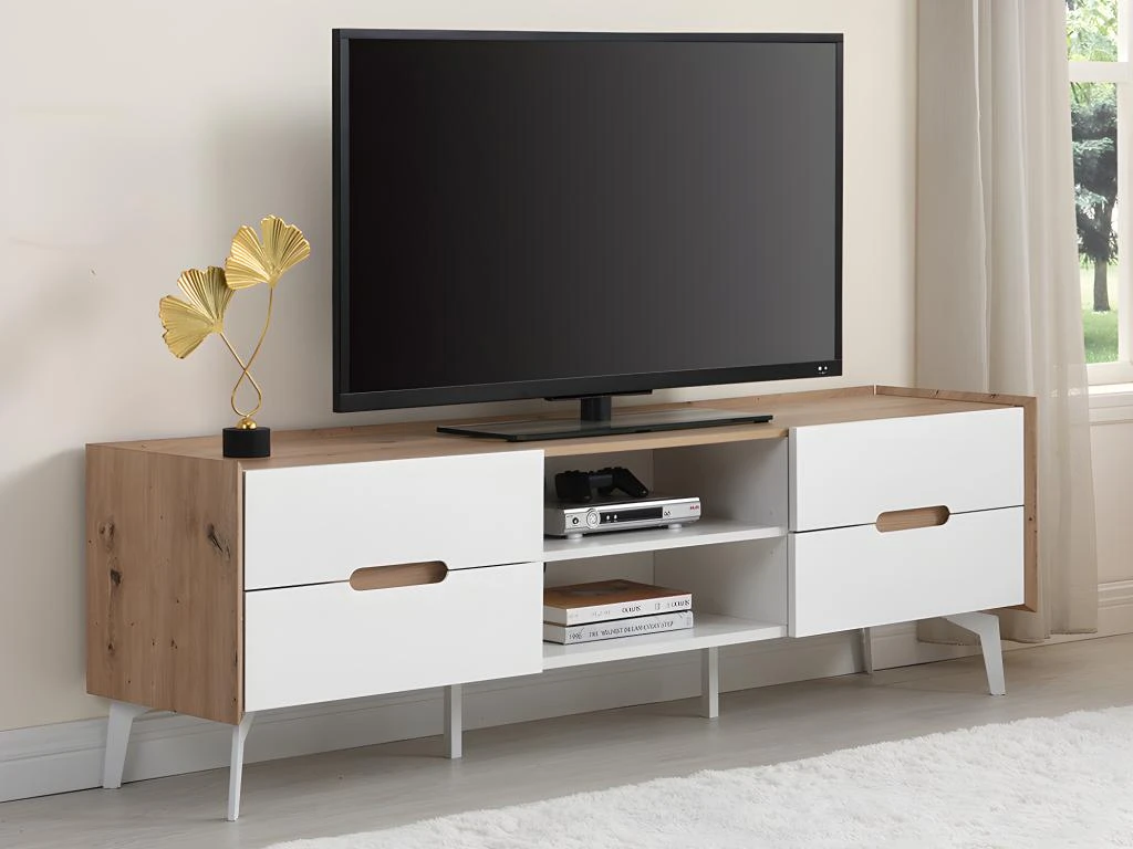 Meuble TV 4 Tiroirs Et 2 Niches - MDF Et Métal - Blanc Laqué Et Naturel - CAYANA 4 Meuble TV 4 Tiroirs Et 2 Niches - MDF Et Métal - Blanc Laqué Et Naturel - CAYANA – Image 2