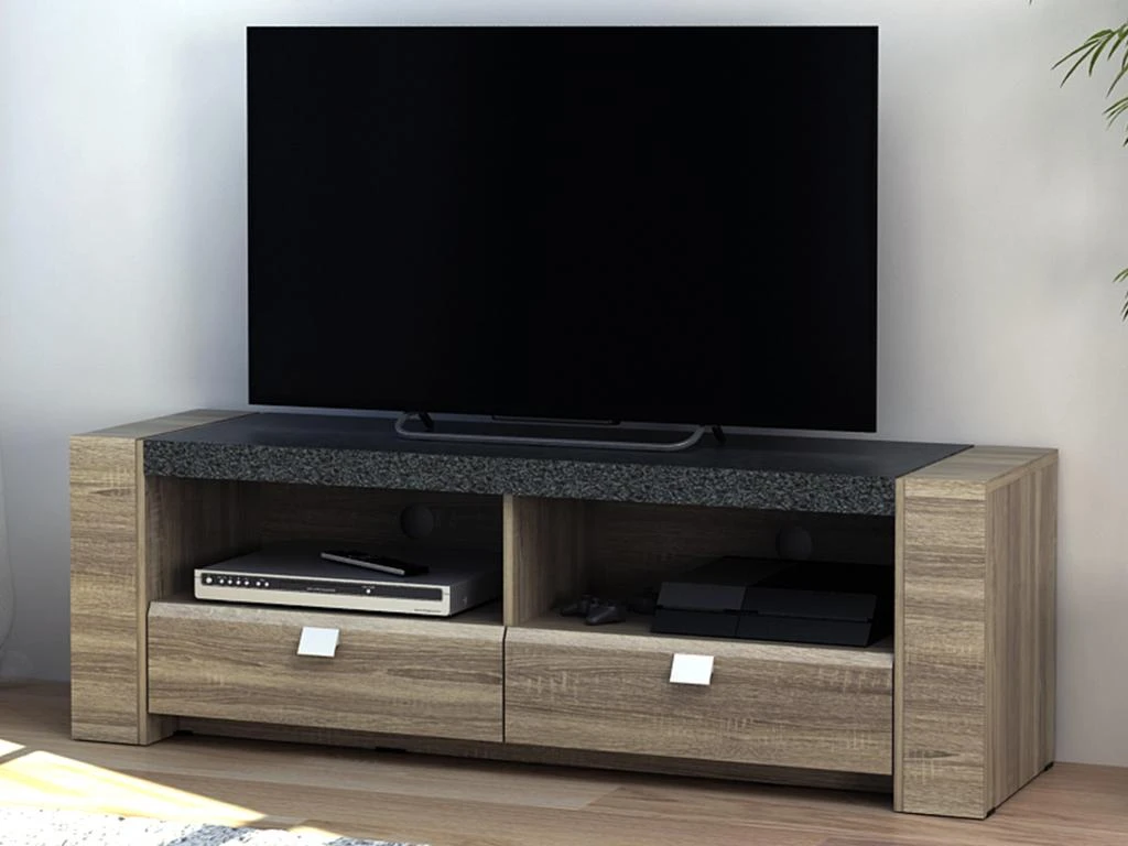 Meuble TV METEORITE - 2 Niches & 2 Tiroirs - MDF Plateau Effet Granite 4 Meuble TV METEORITE - 2 Niches & 2 Tiroirs - MDF Plateau Effet Granite – Image 2