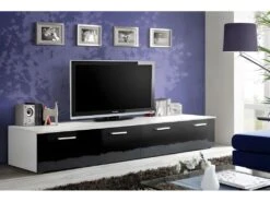Meuble TV 200cm Collection COMET. Couleur Blanc Et Noir. 2 Portes Abattantes.