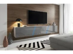 Meuble TV Design SPEED, 240 Cm, 1 Porte Et 3 Espaces De Rangement, Coloris Blanc Et Gris Avec LED Intégrée. -Meubles Soldes Boutique meuble tv 8919467