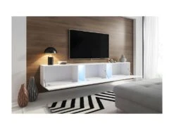 Meuble TV Design SPEED, 240 Cm, 1 Porte Et 3 Espaces De Rangement, Coloris Blanc Et Gris Avec LED Intégrée. -Meubles Soldes Boutique meuble tv 8919469