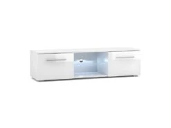 Meuble TV Design LEON 140 Cm. 2 Portes Et Niche Coloris Blanc + Led