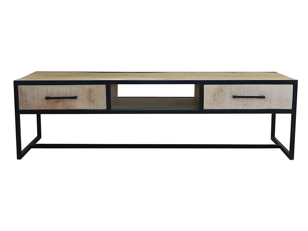 Meuble TV 2 Tiroirs 1 Niche Bois De Manguier Et Métal - Naturel 3 Meuble TV 2 Tiroirs 1 Niche Bois De Manguier Et Métal - Naturel