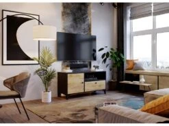 Meuble TV En Mélaminé Coloris Noir / Gris - Longueur 110 X Profondeur 40 X Hauteur 55 Cm