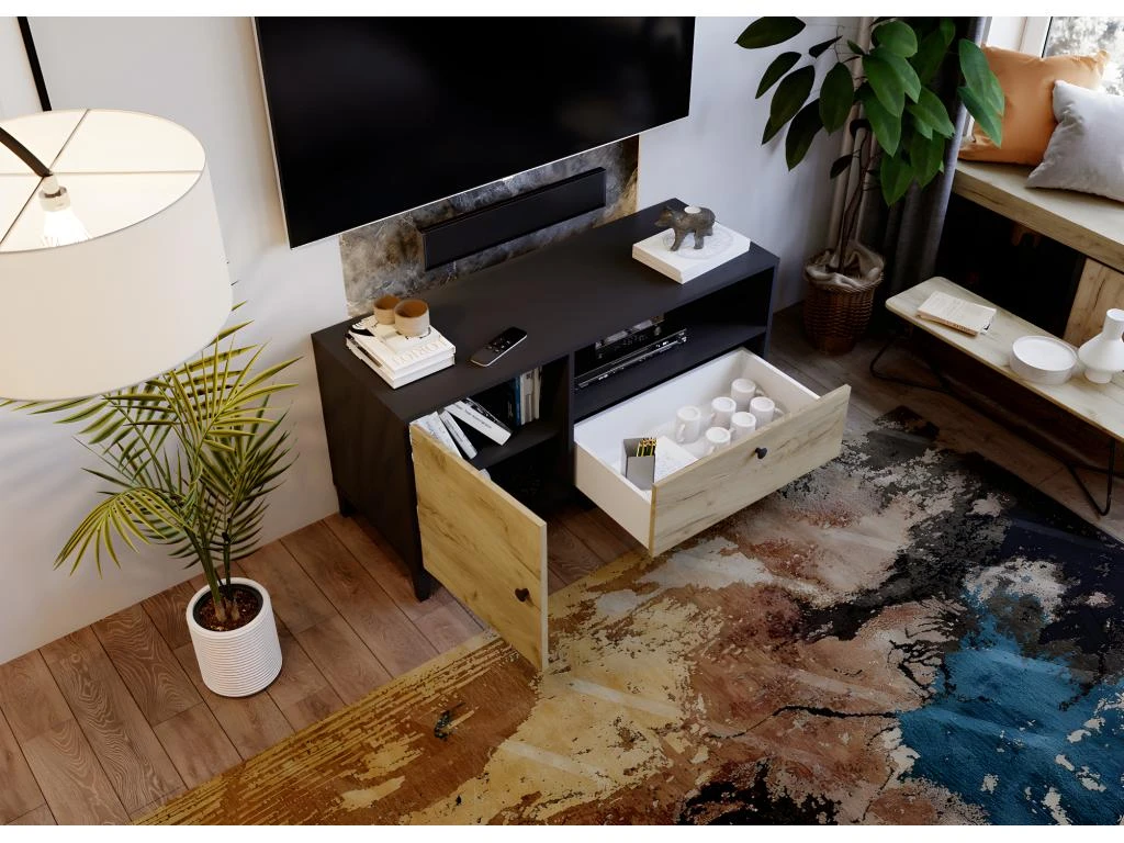 Meuble TV En Mélaminé Coloris Noir / Gris - Longueur 110 X Profondeur 40 X Hauteur 55 Cm 6 Meuble TV En Mélaminé Coloris Noir / Gris - Longueur 110 X Profondeur 40 X Hauteur 55 Cm – Image 4